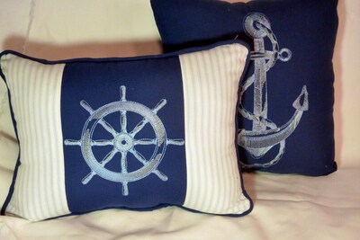 Nautical Pillows Set of 2, Navy blue and white Embroidered pillows, Anchor and Ships Wheel - image1